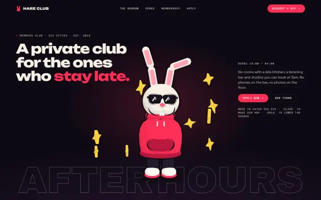 Hare Club — 3D Members Club Landing Page design preview