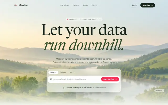 Meadow — Data Pipelines in a Quiet Valley design preview
