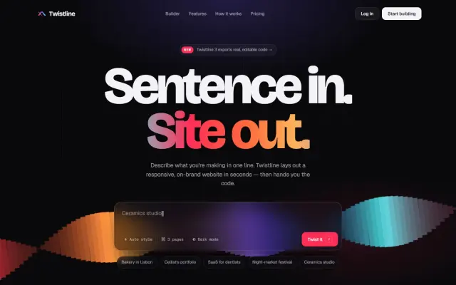 Twistline — Sentence In, Site Out design preview